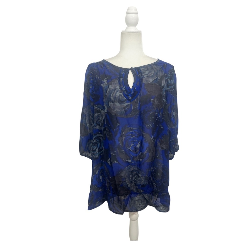 JMS Just My Size Blue Rose Floral Print Keyhole Neck 3/4 Sleeve Tunic Top 1X